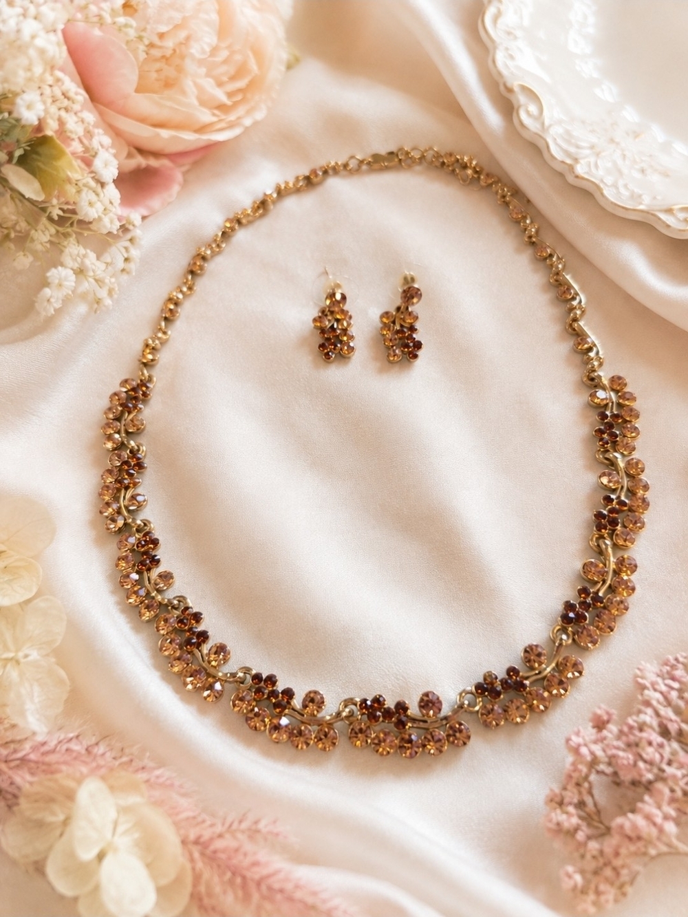 Vintage-Pearl Pitt Design Yellow Crystal Necklace & Earrings Set